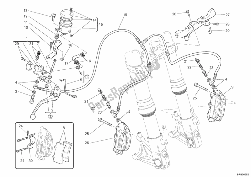 All parts for the Front Brake System of the Ducati Hypermotard 1100 EVO USA 2012